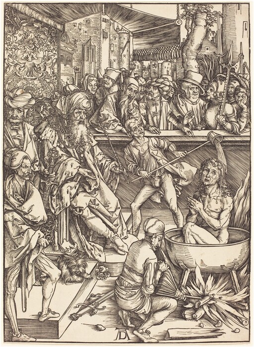 The image depicts a man in a cauldron surrounded by a crowd. The scene includes classical architecture in the background and various characters with distinct expressions and clothing. One man is stoking the fire under the cauldron with a staff.