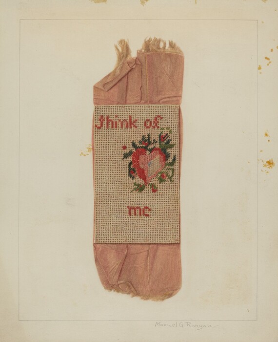 The image shows a rectangular pink fabric with an embroidered section displaying the text "Think of me" and a heart design surrounded by floral elements in pink, red, green, and beige tones. The fabric is centrally placed, with the top folded over and slight fraying at the bottom edge. The embroidered section is at the center, enclosing the words with a heart framed by greenery.