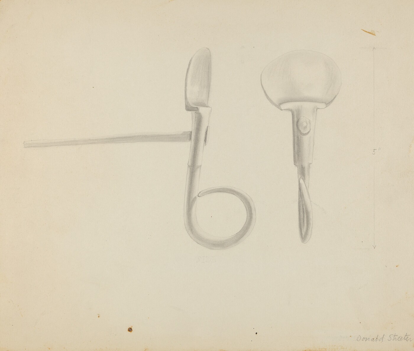 The image features two pencil drawings of tools or utensils. On the left side, a large object with a long handle and a curved hook-like end is depicted. On the right, another tool with a broader, flatter end and a rivet-like detail near the top is shown. The color palette is monochromatic, using various shades of gray against a light beige background. The objects are positioned parallel to one another. There is a faint marking of '5"' drawn vertically next to the rightmost tool, and the name "Donald Sketch" is inscribed in the bottom right corner.