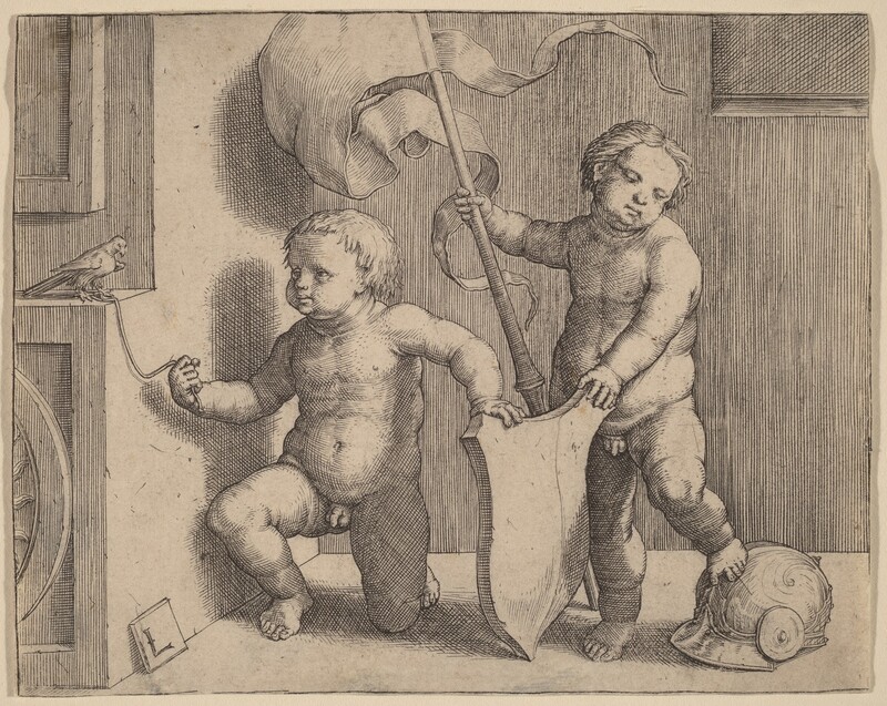 Printed with fine black lines and delicate crosshatching, two nude, chubby boys together brace a shield in this horizontal print. The shield sits with the pointed bottom on the floor and each boy holding one upper corner. The boy to the right rests one foot up on a helmet and holds a lance with a fluttering, forked banner in his other hand. He looks down to our right over his rounded, sloping shoulder. The boy to our left kneels with his left hand, to our right, holding the other side of the shield. A string is tied around the foot of a bird perched on a ledge to the left. The boy holds the other end of the string and looks at the bird. The space behind the boys is shallow, and there is the suggestion of some architectural ornament where the wall comes toward us to the left. The artist signed the print with an uppercase “L” on a square tablet, which leans against the corner of the wall to the left and the floor.