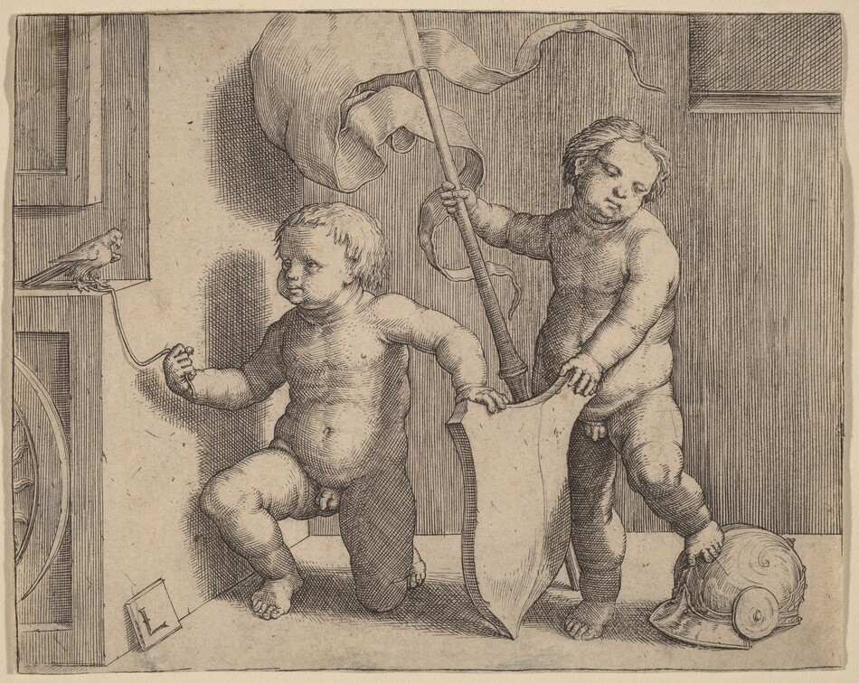 Printed with fine black lines and delicate crosshatching, two nude, chubby boys together brace a shield in this horizontal print. The shield sits with the pointed bottom on the floor and each boy holding one upper corner. The boy to the right rests one foot up on a helmet and holds a lance with a fluttering, forked banner in his other hand. He looks down to our right over his rounded, sloping shoulder. The boy to our left kneels with his left hand, to our right, holding the other side of the shield. A string is tied around the foot of a bird perched on a ledge to the left. The boy holds the other end of the string and looks at the bird. The space behind the boys is shallow, and there is the suggestion of some architectural ornament where the wall comes toward us to the left. The artist signed the print with an uppercase “L” on a square tablet, which leans against the corner of the wall to the left and the floor.