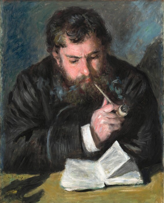 Shown from the waist up, a man sits facing us on the far side of a ledge or counter looking down at an open book in this loosely painted, vertical portrait. The man’s pale skin is flushed pink. He leans both forearms onto the ledge so his shoulders hunch forward. His head tips slightly to our left, and he reads with gathered, dark brows. He has a round-tipped nose and full, bushy beard. His black, wavy hair and beard are touched with lighter shades of bronze, especially at the temples. He holds a white pipe to his lips with one hand, and tendrils of smoke curl from the burning embers. He wears a black coat, and a slip of white cuff is visible on the hand we see. The other hand is tucked behind the first. The pages of the book are bright white, and the ledge surface is painted with strokes of celery green and ochre yellow. A swirling black form in the lower left corner of the painting is difficult to interpret. The background is painted with loose brushstrokes in shades of sky and cobalt blue and charcoal gray. The artist signed the painting near the lower left corner, “A. Renoir.”