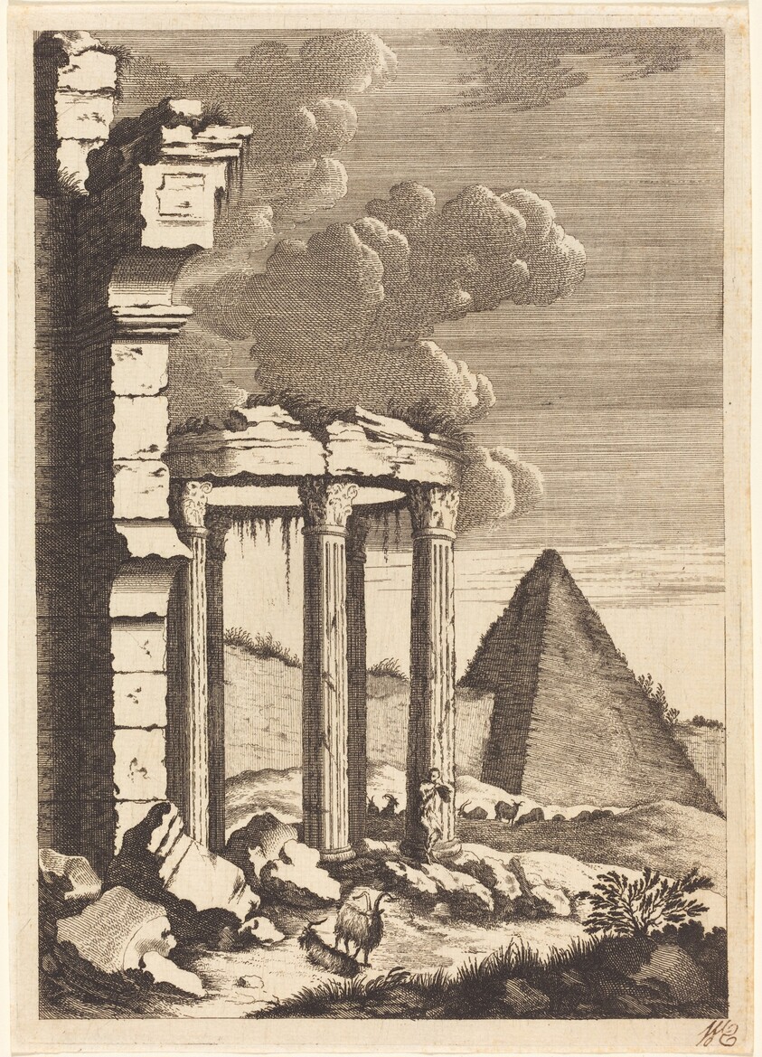 Goats before Ruins and a Pyramid