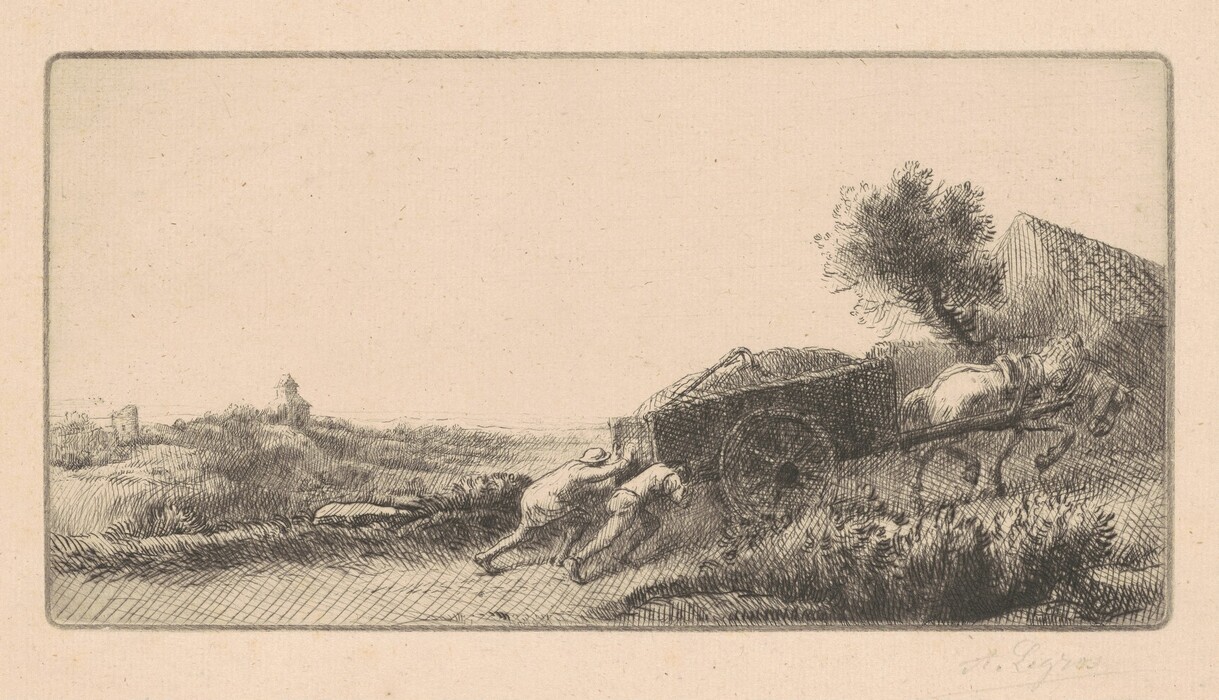 The image shows a landscape with a path where a horse is pulling a cart uphill, with two individuals pushing from behind. In the distance, there is a small building or tower. The artwork uses fine etching techniques with crosshatching to depict the textures of the cart, figures, and fields. The color palette is monochromatic, using varying intensities of black and white for contrast. The artwork depicts detailed movements of the horse and figures in the foreground, fading into rolling hills and foliage in the background.