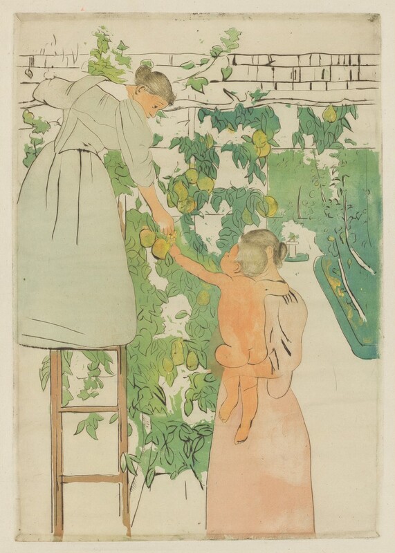 A woman standing on a ladder propped against a wall hands fruit down to a nude child held by a second woman in this vertical, partially colored print. The scene is printed with areas of mostly flat color in shades of vivid green and pastel peach and pink. The women and child have peachy-toned skin and brown hair. Both women wear long-skirted dresses with long, loose sleeves, and their hair is pulled back in buns at the napes of their necks. The ladder, to our left, leans against the verdant green vines and yellow fruit growing up a wall, which itself is the color of the cream-white paper. The woman standing on the ladder wears a pale, frost-green dress with a white kerchief at her neck. She looks down in profile at the child to our right. The child sits facing away from us in the other woman’s arms, bare buns squished along one forearm. The child reaches for the fruit, perhaps a cluster of small grapes. The second woman wears blush pink, and her face is hidden by the child’s head. An opening in the wall to the right leads back to an open space with more greenery.