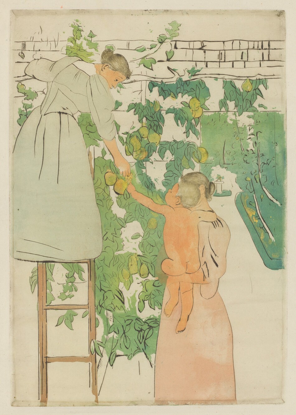 A woman standing on a ladder propped against a wall hands fruit down to a nude child held by a second woman in this vertical, partially colored print. The scene is printed with areas of mostly flat color in shades of vivid green and pastel peach and pink. The women and child have peachy-toned skin and brown hair. Both women wear long-skirted dresses with long, loose sleeves, and their hair is pulled back in buns at the napes of their necks. The ladder, to our left, leans against the verdant green vines and yellow fruit growing up a wall, which itself is the color of the cream-white paper. The woman standing on the ladder wears a pale, frost-green dress with a white kerchief at her neck. She looks down in profile at the child to our right. The child sits facing away from us in the other woman’s arms, bare buns squished along one forearm. The child reaches for the fruit, perhaps a cluster of small grapes. The second woman wears blush pink, and her face is hidden by the child’s head. An opening in the wall to the right leads back to an open space with more greenery.