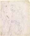 A woman wearing a mantle, which drapes over her head and shoulders, and holding her hands together in prayer is lightly sketched in black chalk in this vertical drawing. Her body is angled to our left. Her head tips in that direction, and she looks off into the distance. Forms to the left of the woman are studies of a man’s torso and a muscular leg. The sketches are all faintly drawn on paper that now has some brown speckling.