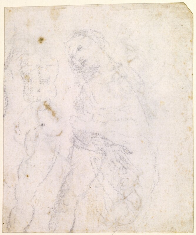 A woman wearing a mantle, which drapes over her head and shoulders, and holding her hands together in prayer is lightly sketched in black chalk in this vertical drawing. Her body is angled to our left. Her head tips in that direction, and she looks off into the distance. Forms to the left of the woman are studies of a man’s torso and a muscular leg. The sketches are all faintly drawn on paper that now has some brown speckling.
