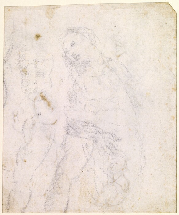 A woman wearing a mantle, which drapes over her head and shoulders, and holding her hands together in prayer is lightly sketched in black chalk in this vertical drawing. Her body is angled to our left. Her head tips in that direction, and she looks off into the distance. Forms to the left of the woman are studies of a man’s torso and a muscular leg. The sketches are all faintly drawn on paper that now has some brown speckling.