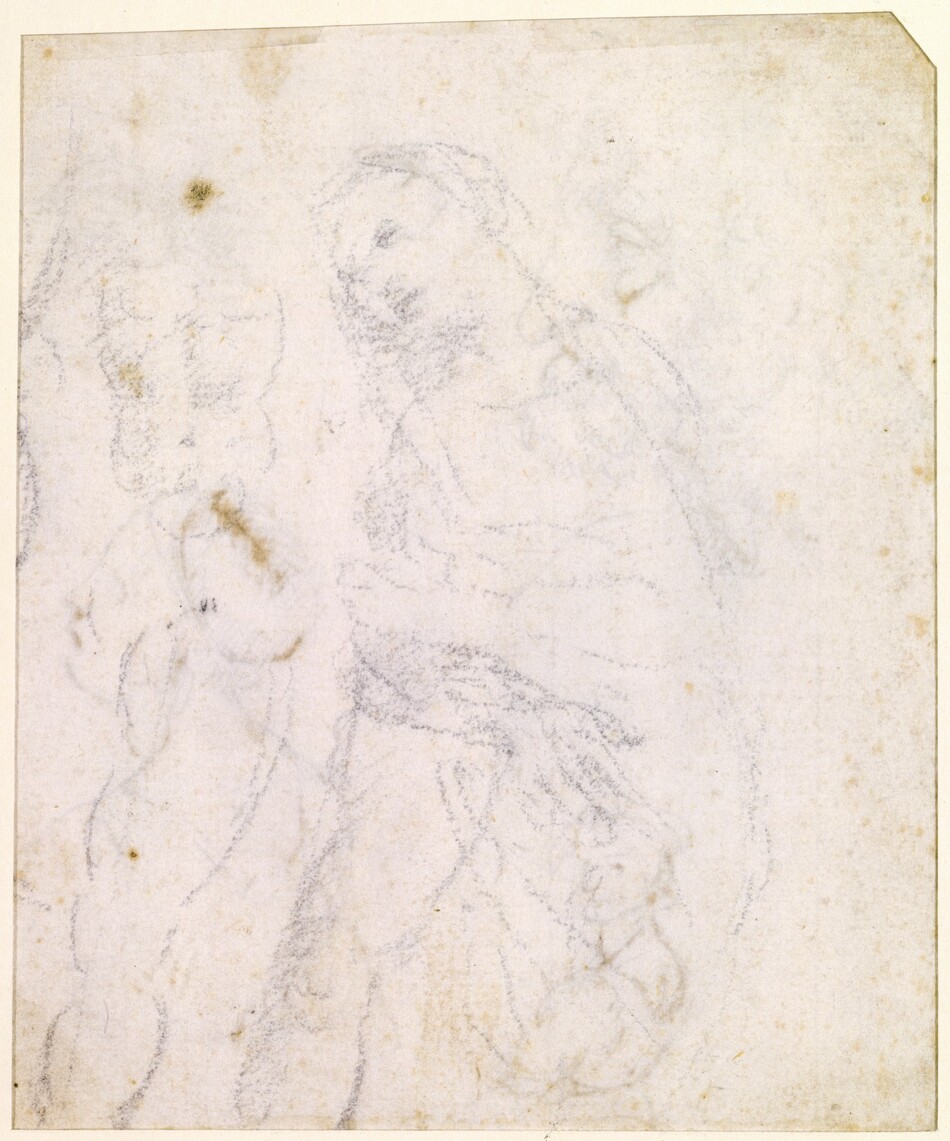A woman wearing a mantle, which drapes over her head and shoulders, and holding her hands together in prayer is lightly sketched in black chalk in this vertical drawing. Her body is angled to our left. Her head tips in that direction, and she looks off into the distance. Forms to the left of the woman are studies of a man’s torso and a muscular leg. The sketches are all faintly drawn on paper that now has some brown speckling.