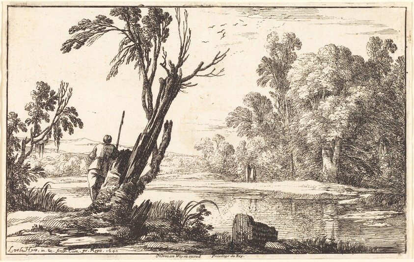 A Man Gazing across a Still Pond