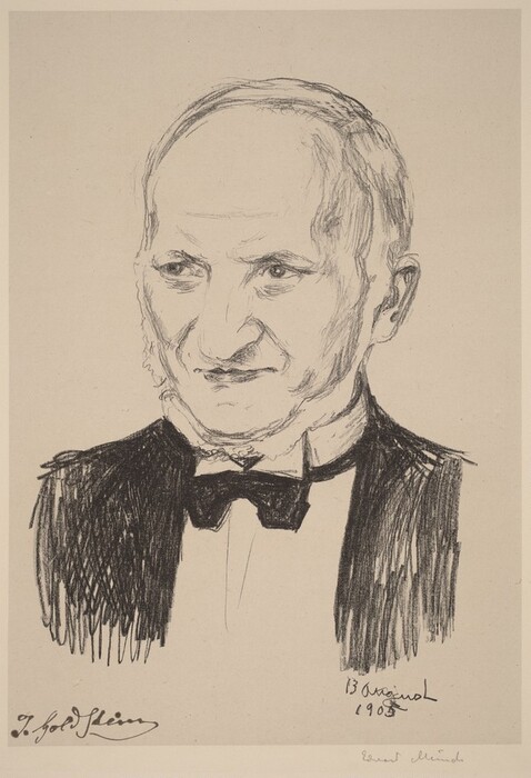 The image is a portrait sketch of a man's face and upper torso in a three-quarter view. He has distinct facial features, thinning hair, and wears a dark suit jacket with a bow tie. The sketch is minimalistic with signatures and a date in the lower area.