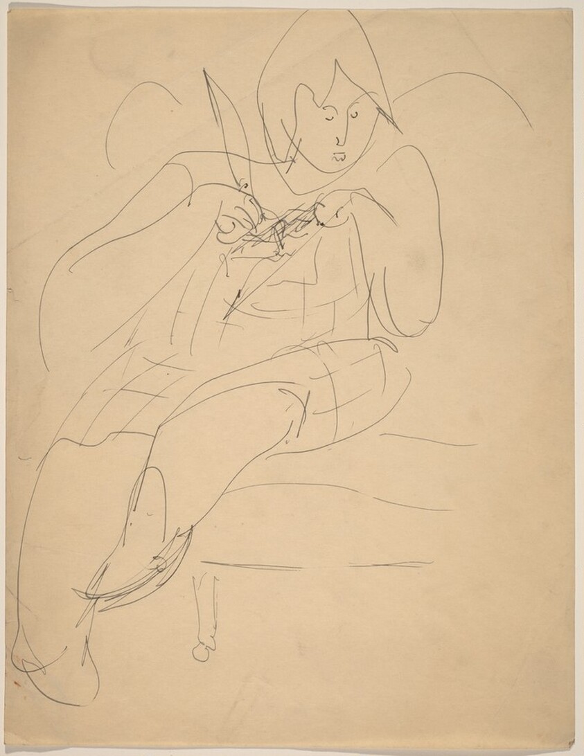 Seated Female on Couch Knitting (?)