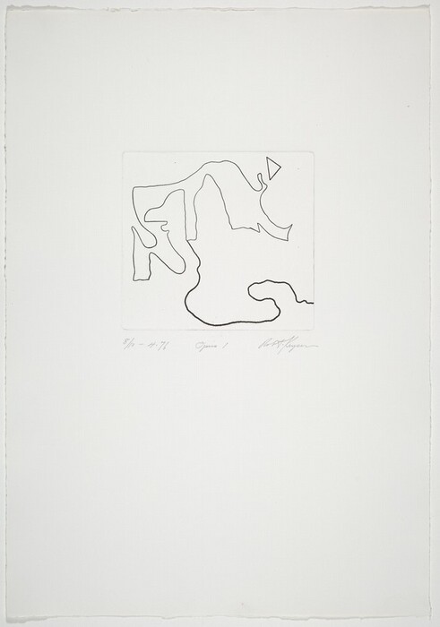 The image displays irregular, free-flowing lines creating an abstract composition on a plain background. The lines intertwine to form a shape reminiscent of a fragmented map or abstract landscape silhouette. The design lacks distinct recognizable forms, resembling an inkblot or distorted geographical outline, allowing viewers to perceive familiar objects within the abstract design.