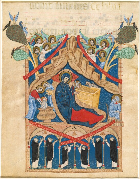 Painted with royal blue, scarlet red, mint and olive green, and tones of soft brown on vellum, a woman lies next to a baby in a boxy manger as angels and monks look on in this illuminated manuscript. The woman is separated from the angels by a rocky, roof-like structure, and the monks are in a row of arches below. They all have pale skin. The woman, Mary, wears a voluminous blue robe over a vivid red dress. Her head is covered by the robe, and she has a gold halo. She reclines in a cocoon-like oval crisscrossed with medium brown lines on a lighter brown background. A baby wrapped tightly in strips of cloth lies in a gold-colored boxy manger on the far side of the woman. The woman rests one hand on the edge of his gold halo, which has a blue cross, and an ox and ass look at the child from the far side of the manger. A bearded man and two women are shown much smaller in scale to the left and right of Mary. The man has white hair, a halo, and wears a light blue robe. He sits with one leg tucked under his body in the lower right corner of this scene. He rests his head in one hand as he turns to look up at Mary over his shoulder. To the left, two women, also with halos and wearing light blue or red, pour water onto the nude baby, who is propped upright in a large urn to the left. The child holds up one hand with the first two fingers raised as blue rivulets curl down his face and body. Above, eight angels wearing robes in white, dark yellow, or light blue, and all with halos, hold their hands together facing in toward the center of the composition. Their wings are mint green lined with dark blue or red. Four green trees, two to each side, have teardrop-shaped canopies lined with seven birds to the left and eight birds to the right. Four monks stand and two monks kneel in six arches below the main scene. The monks have their hair cut into rings around their heads and wear black cloaks over white robes. All hold their hands up and look up at Mary. The background in all three registers is lapis blue painted with swirls and dots in paler blue or white. Red banners separate the angels from the rocky roof and the monks from Mary. Gold-colored, Latin text on the banners reads as follows. Top left: “GLORIA IN EXCELSIS DEO.” Top right: “ETM TERRA PAX HOIB BONE VO.” Bottom left: “ORA PRO NOBIS QVIA VIERSA NCTAES.” And bottom right: “ORA PRO NOBIX SCA DEI GENITRIX.” Traces of writing and music is visible on the other side of the sheet.