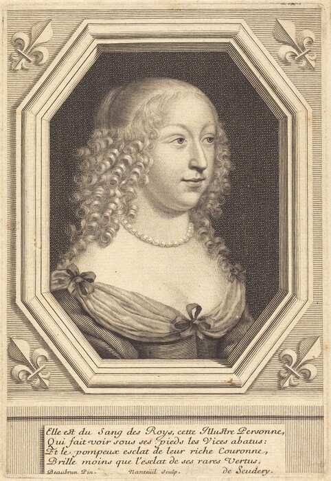 The image shows the upper half of a woman's body with delicate facial features, voluminous curly hair, and a low-cut dress with bows. She wears a string of pearls around her neck. The background has a dark texture, and the portrait is framed with fleur-de-lis motifs. French text is displayed below the image.