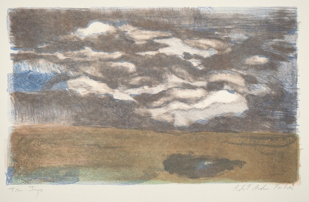 The image shows a landscape from an elevated perspective, with the horizon dividing the sky and earth. The sky is filled with expressive cloud formations in blue, gray, and white. The earth below has browns and greens. Brushwork in the sky is loose and impressionistic, while the terrain appears textured.