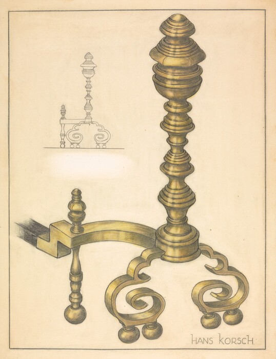 The image contains a large, detailed illustration of an ornate brass fireplace andiron in the center, with a smaller sketch of the same object in the upper left corner. The color palette consists of gold and brass tones with highlights and shadows indicating a metallic texture against a softly colored backdrop. The main focus is on the decorative andiron with a prominent turned column and swirling base, while the smaller sketch is placed in the upper left corner.
