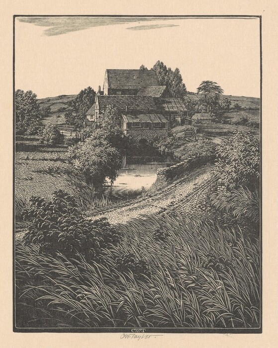 This illustration depicts a rural scene with tall grasses, a winding path, bushes, shrubs, a pond, buildings, trees, and rolling hills. The scene is illustrated with crosshatching lines to add texture and depth. The color palette consists of varying shades of grey and black.