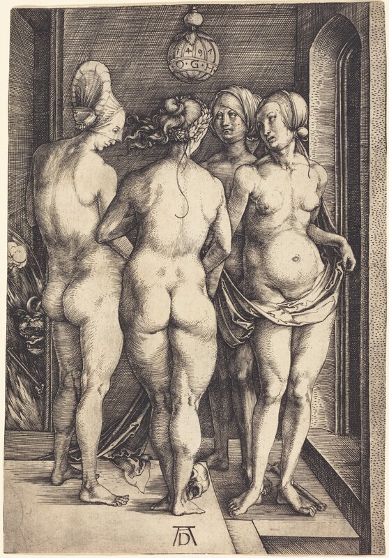 Printed with fine black lines against cream-white paper, four nude, curvy women stand in a loose circle enclosed within an interior space, as a demon peeks around an opening along the left edge of this vertical engraving. The women nearly fill the composition and the room they occupy. Three of the women stand in a line in front of us so they span the foreground. The women to the left and center stand with their backs to us. The woman to our right and the woman on the far side of the circle face us. Their hair is bound up in headdresses, scarves, or veils. The woman to our right holds a swath of drapery across her hips and it cascades to the floor near a skull and long bone resting at their feet. An arched opening to the right and a squared opening to the left are both dark. An orb hangs above the group at the upper center, and it is inscribed with the letters “OGH” and the date, "1497." The demon peeking from the shadows along the left edge has a snout like a lion, and its gaping jaws reveal sharp teeth and a long tongue. It clutches a pair of thin sticks in one paw and flames flare up behind it. The contours of the women and the room are shaded with long, parallel strokes and crosshatching. A monogram with a capital D tucked between the legs of a wide, upper case A is inscribed at the bottom center of the sheet.