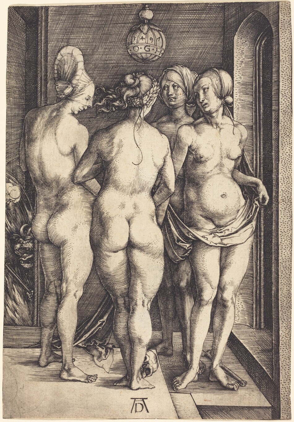 Printed with fine black lines against cream-white paper, four nude, curvy women stand in a loose circle enclosed within an interior space, as a demon peeks around an opening along the left edge of this vertical engraving. The women nearly fill the composition and the room they occupy. Three of the women stand in a line in front of us so they span the foreground. The women to the left and center stand with their backs to us. The woman to our right and the woman on the far side of the circle face us. Their hair is bound up in headdresses, scarves, or veils. The woman to our right holds a swath of drapery across her hips and it cascades to the floor near a skull and long bone resting at their feet. An arched opening to the right and a squared opening to the left are both dark. An orb hangs above the group at the upper center, and it is inscribed with the letters “OGH” and the date, "1497." The demon peeking from the shadows along the left edge has a snout like a lion, and its gaping jaws reveal sharp teeth and a long tongue. It clutches a pair of thin sticks in one paw and flames flare up behind it. The contours of the women and the room are shaded with long, parallel strokes and crosshatching. A monogram with a capital D tucked between the legs of a wide, upper case A is inscribed at the bottom center of the sheet.