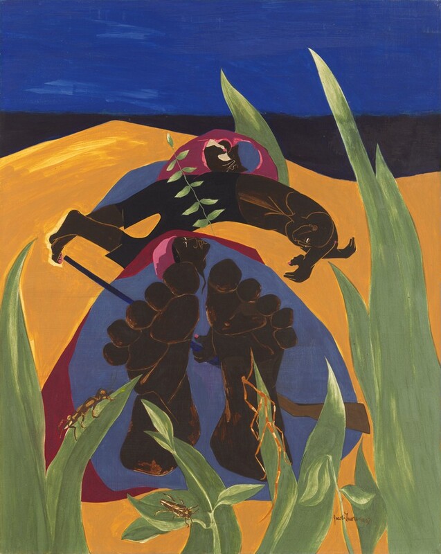 Three people with dark brown skin lie on a marigold-orange ground that extends toward a high horizon line in this stylized, vertical painting. An ant and two other bugs cling to a screen of tall, moss-green, flame-shaped leaves that span the width of the composition and separate us from the people. Beyond the leaves, the large soles and rounded toes of the woman’s feet are almost half the height of the painting. She holds a rifle against her body, which is enclosed in a mostly round, periwinkle-blue shape with narrow strips of cranberry-red around the top, left, and bottom. Her head is tilted sharply to our left, her ear near her shoulder so her face points upward in profile. Her nose and mouth are created with thin strokes of golden yellow. Her closed eyes are marked with slivers of white, and a raspberry-pink scarf covers her hair. A slender green stem with pointed leaves rises at an angle next to her head. Beyond her, a man lies with his body curled, so his body curves toward us with his head to our right. He wears only black, shin-length pants. His bald head rests on crossed arms, and his ankles are also crossed. His closed eyes are painted with white and his features outlined in gold, like the woman. Just behind him, a woman curls around an object held in one large hand. Fields of pink and blue, in the same shades as the other woman, read as a blue cap and skirt, and a pink wrap or blanket. A round, brown shape within an off-white field appears to be a baby cradled close to her head. One tall, blade-like leaf grows up behind her shoulders. The orange ground comes to a point to our left of center and dips down to our right. The area beneath the straight horizon line is filled in with midnight blue, nearly black. Above, a sapphire-blue band fills the top quarter of the composition. The artist signed and dated the lower right, “Jacob Lawrence 67.”