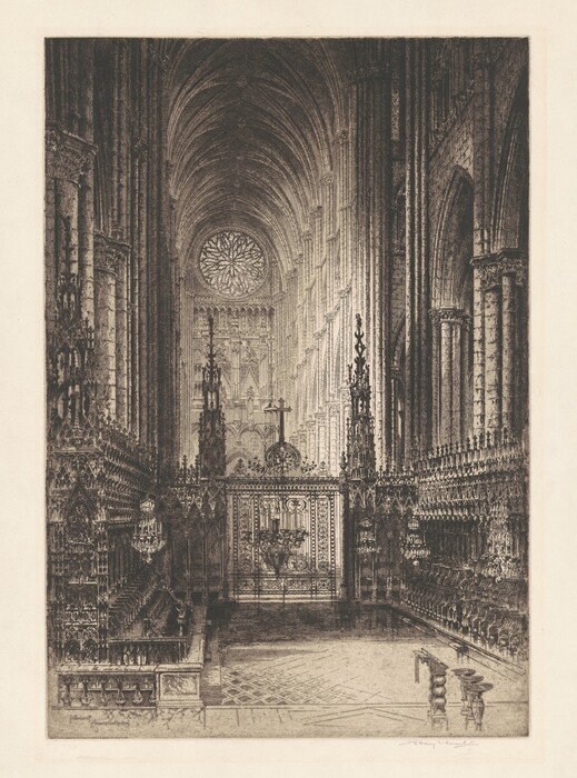 This is a drawing of the interior of a gothic cathedral. The artwork shows the cathedral's interior, with detailed gothic architecture. The scene features a vaulted ceiling, columns, a rose window, choir stalls, and carvings. The composition highlights verticality, intricacy, textures of stone and woodwork, and a play of light and shadows.