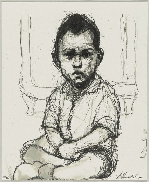 The image shows an artistic sketch of a seated child, with detailed facial features, short dark hair, and clothing. The background includes abstract lines hinting at furniture. The sketch uses dark strokes and light shading.