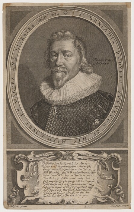 The image is a portrait of a man in 17th century attire. He has a beard and moustache, styled curly hair, and an elaborate ruffled collar. The portrait is set in an ornate oval frame with decorative elements, including intricate lines and an inscription.