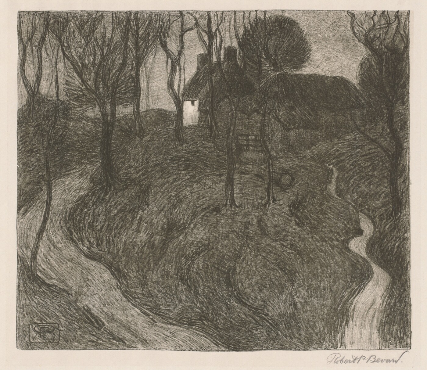 The image shows a winding path leading to a thatch-roofed cottage surrounded by barren trees. The viewpoint is elevated, providing a clear view of the paths and the house. The horizon is blocked by trees, focusing attention on the cottage and surrounding trees. The artwork features soft brushstrokes, creating a sense of movement in the landscape. Details of the trees and ground are shown through lines and shading. The color scheme is monochromatic, mainly black, gray, and white, contributing to a somber atmosphere. The contrast and texture enhance the composition, emphasizing the tranquil yet eerie quality of the scene.