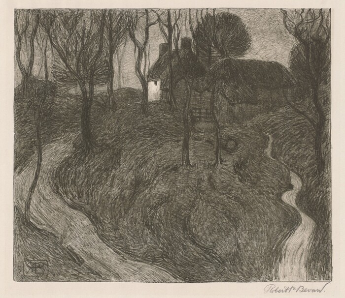 The image shows a winding path leading to a thatch-roofed cottage surrounded by barren trees. The viewpoint is elevated, providing a clear view of the paths and the house. The horizon is blocked by trees, focusing attention on the cottage and surrounding trees. The artwork features soft brushstrokes, creating a sense of movement in the landscape. Details of the trees and ground are shown through lines and shading. The color scheme is monochromatic, mainly black, gray, and white, contributing to a somber atmosphere. The contrast and texture enhance the composition, emphasizing the tranquil yet eerie quality of the scene.