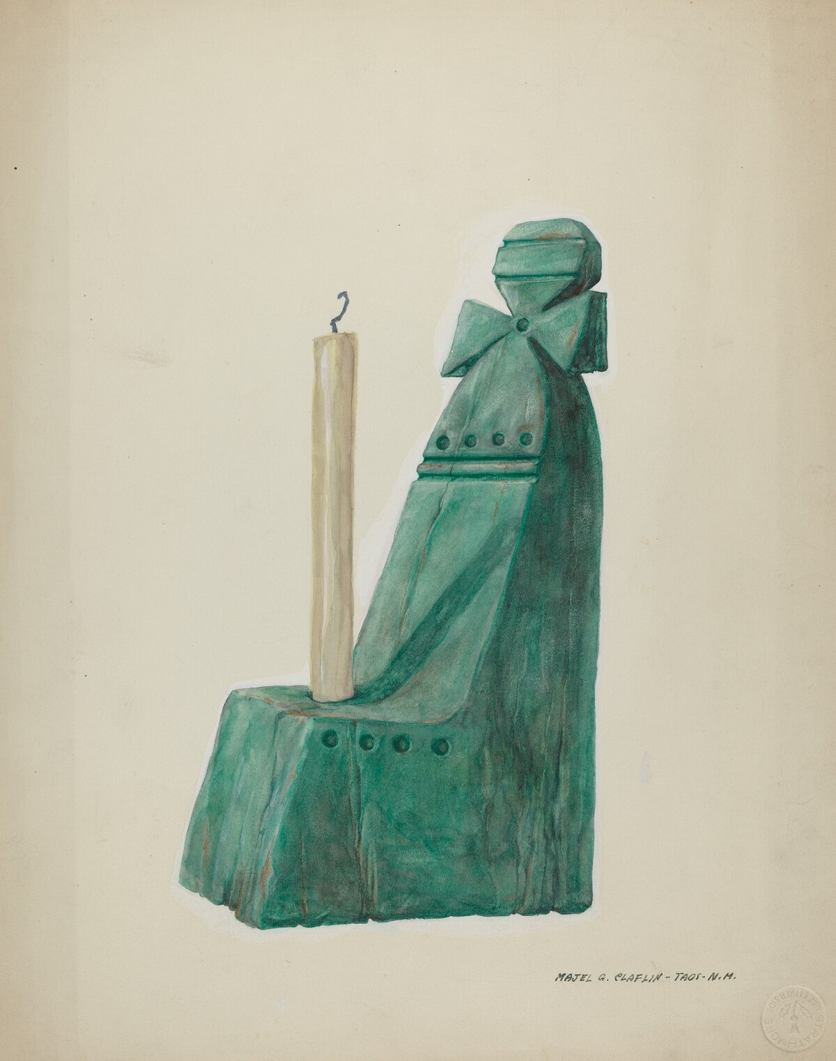 Painted Wooden Candle Stick, with Grooves andCircles