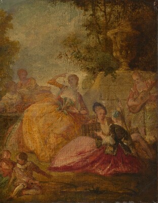 “Divertissement”. Five women, one man, and two children gather in a garden near a stone wall topped with an oversized urn in this vertical painting.