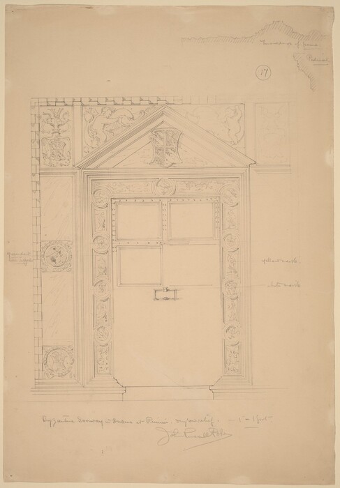 This image shows a drawing of an architectural doorway. It depicts a detailed design for a decorated doorway, featuring a pediment with decorative reliefs and details above the door. Surrounding the doorway are intricate carvings, including geometric shapes and symbolic motifs like crests or coat of arms. The sketch includes measurements and notes in the margins, possibly detailing materials and dimensions for construction or reconstruction. The drawing is done in pencil.