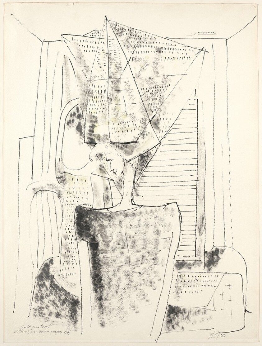 Self-portrait with extra large paper hat