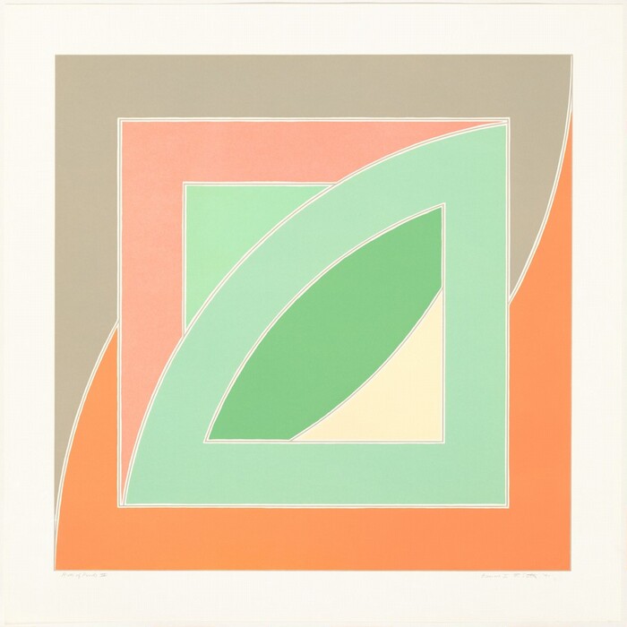 The image shows a series of interlocking geometric shapes composed of arcs and rectangles. The design features curves and rectangular forms in earthy colors like orange, green, and light brown. The composition creates a sense of depth and movement, resembling an abstract landscape or garden viewed from above.