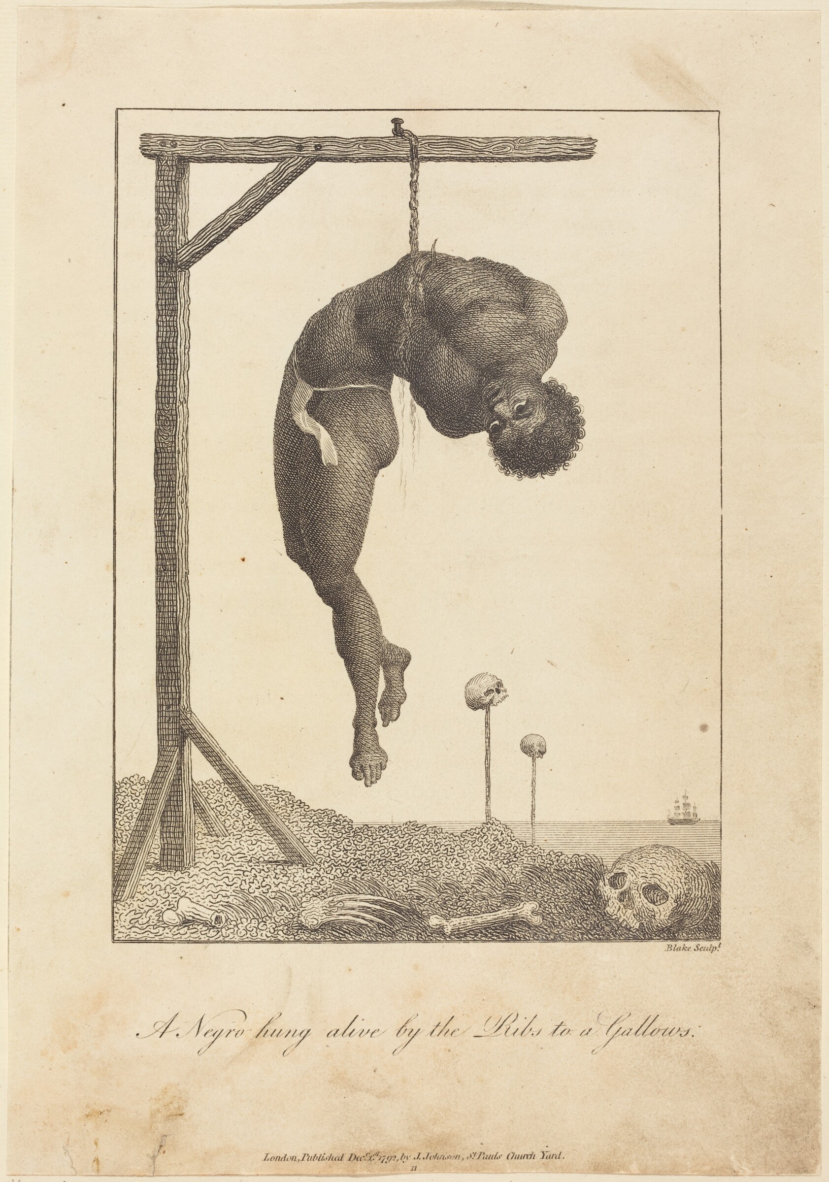 A Negro hung alive by the Ribs to a Gallows, William Blake after John Gabriel Stedman, 1792