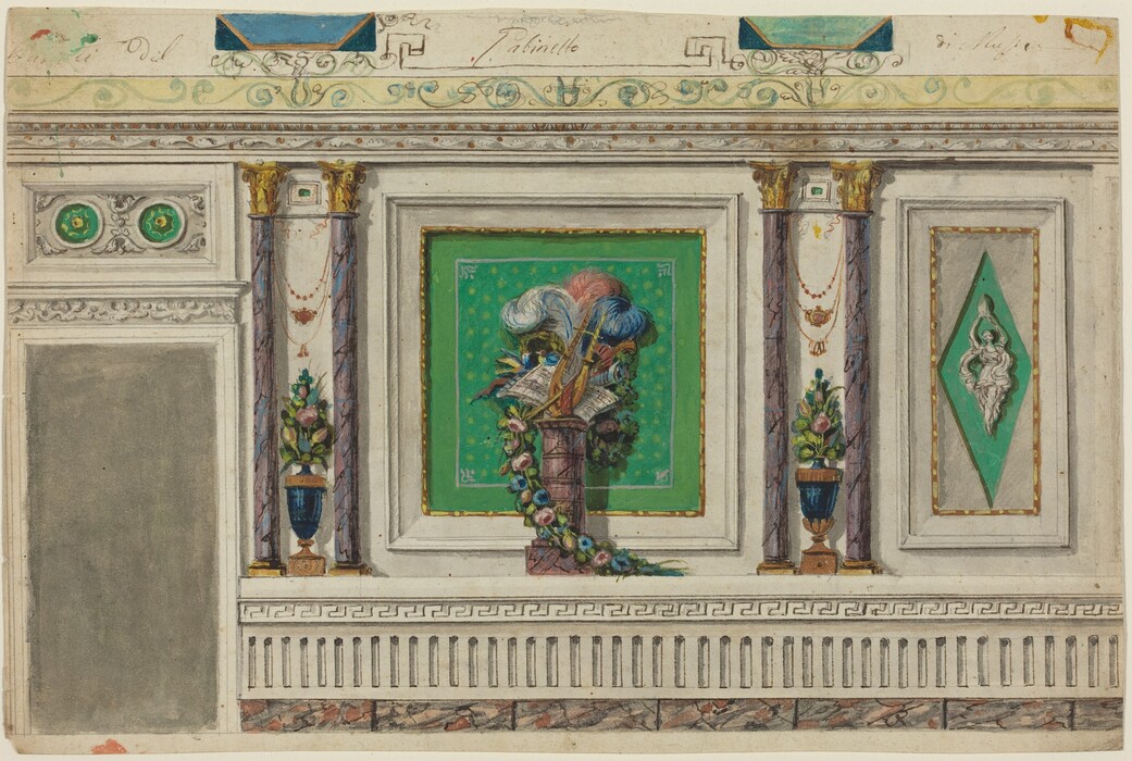 The image shows a decorative wall panel with a central column adorned with multicolored feathers, greenery, and flowers against a green background. On either side are vertical sections; one features a blue vase under a marble column with intricate designs, and the other displays a green diamond-shaped panel with a sculpted figure. The composition is framed by ornate moldings and decorative bands with gold accents.