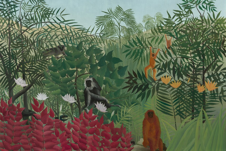 Five monkeys rest and play amid a lush jungle landscape in this horizontal landscape painting. Painted with areas of flat color, thick vegetation fills most of the scene, with giant leaves overlapping in shades of green. At the bottom center, a large brown monkey sits upright on a rock, looking directly at us. To our left, two gray and black monkeys climb in trees, and also face us. To our right, two rust-orange monkeys swing in trees. The orange of their fur is echoed in spiky, pumpkin-orange flowers to the right. Dark red leafy plants with spiky white flowers fill the lower left corner of the painting. A cloudless, pale blue sky stretches across the top of the composition. The artist signed and dated the painting with white letters in the lower right: “Henri Rousseau 1910.”