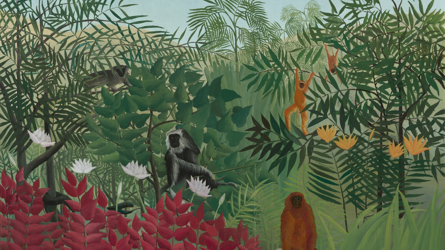 Five monkeys rest and play amid a lush jungle landscape in this horizontal landscape painting. Painted with areas of flat color, thick vegetation fills most of the scene, with giant leaves overlapping in shades of green. At the bottom center, a large brown monkey sits upright on a rock, looking directly at us. To our left, two gray and black monkeys climb in trees, and also face us. To our right, two rust-orange monkeys swing in trees. The orange of their fur is echoed in spiky, pumpkin-orange flowers to the right. Dark red leafy plants with spiky white flowers fill the lower left corner of the painting. A cloudless, pale blue sky stretches across the top of the composition. The artist signed and dated the painting with white letters in the lower right: “Henri Rousseau 1910.”