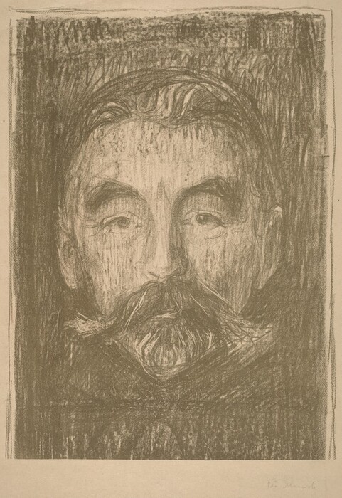 The image is a close-up portrait showing only the person's face. The individual is facing forward, directly at the viewer. The person has a prominent mustache and bushy eyebrows, with visible lines suggesting age and character. The hair is combed back, appearing full and possibly wavy. The portrait is rendered in a monochromatic style that gives it a textured, sketch-like appearance. The clothing is not clearly visible as the focus is primarily on the facial features, appearing as dark shading at the bottom of the image. The background consists of a dense, textured shading, blending seamlessly with the person's hair and face, creating a singular focus on the facial features.