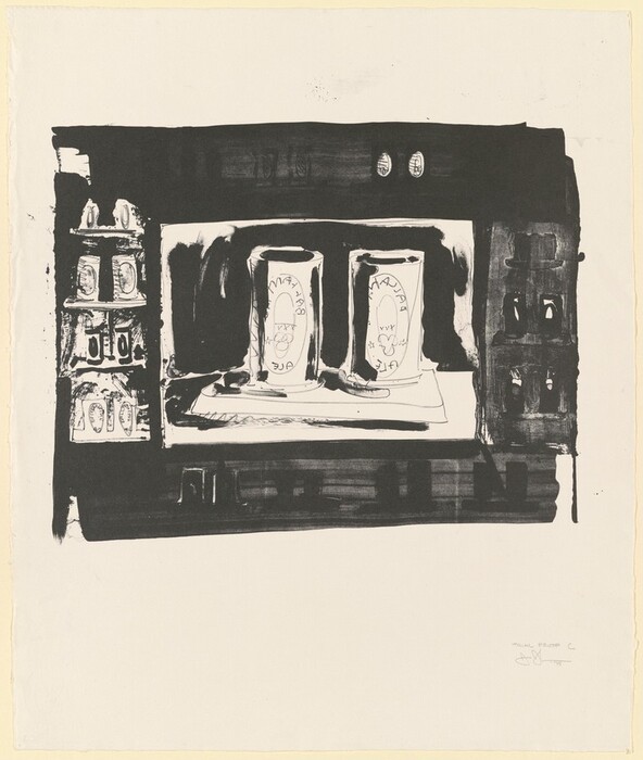 The image shows two large cylindrical containers placed side by side in the center of a rectangular frame, with several smaller containers positioned on shelves to the left and right. The color palette is black and white. The two large containers stand on a flat surface, while the smaller items flank them on shelves on the upper left and right.