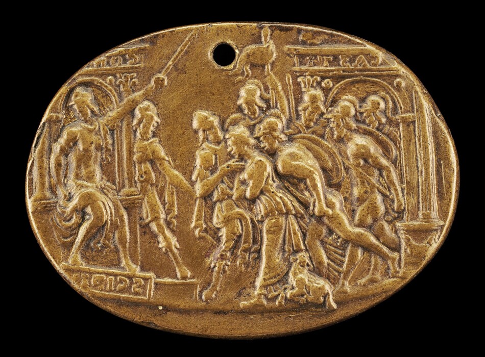 This oval relief sculpture depicts multiple people wearing helmets and armor. A large group of people in the center walk towards the left, where a single person with a bare chest stands or sits with their face turned away from the armored group. This person holds a long object in one hand and raises it up above the group. In the background, on the left and right sides, are two decorated arches. The sculpture has a light bronze or gold color, with a darker patina in some areas. Some of the details are hard to make out. There is a small hole near the top of the sculpture.