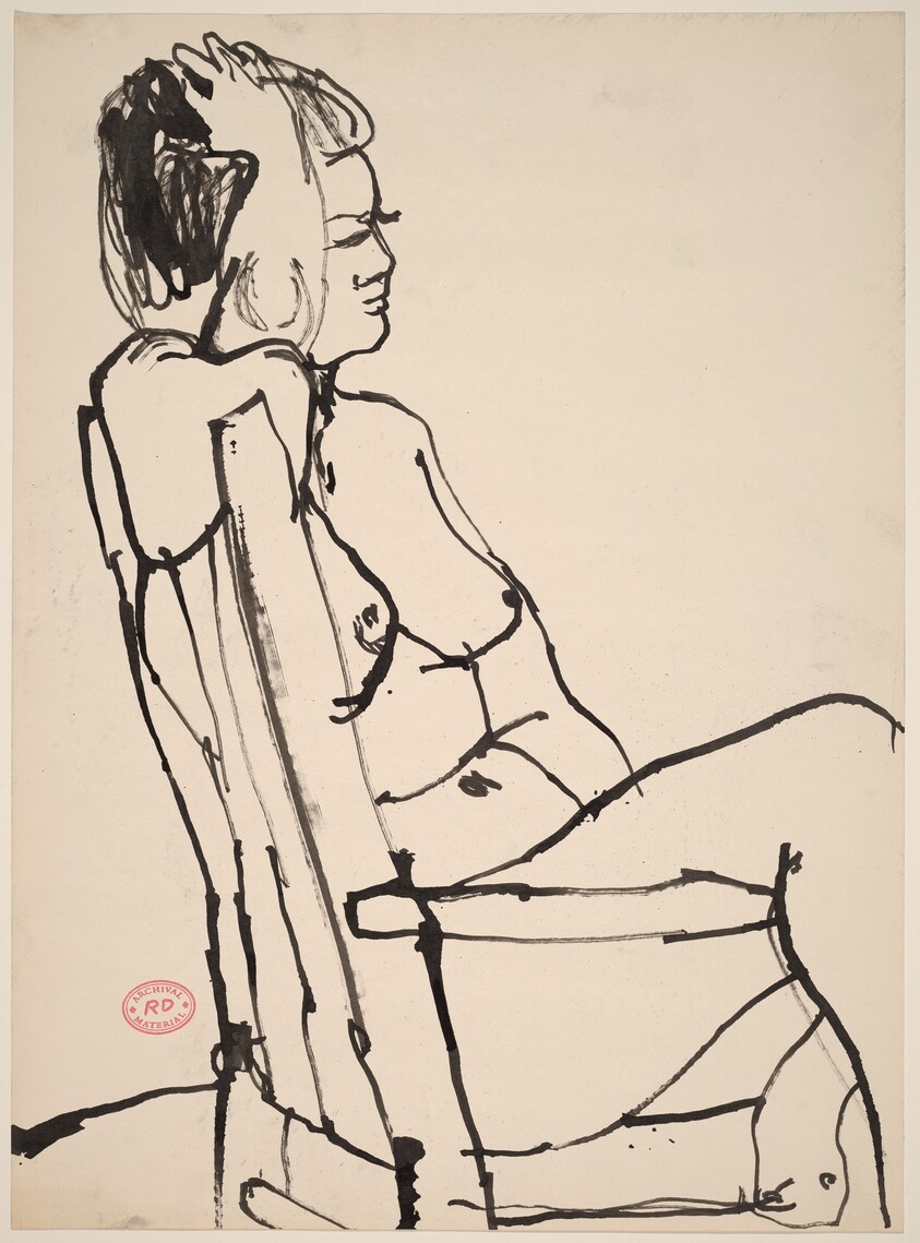 Untitled [side view of a nude seated with her leg over chair arm]