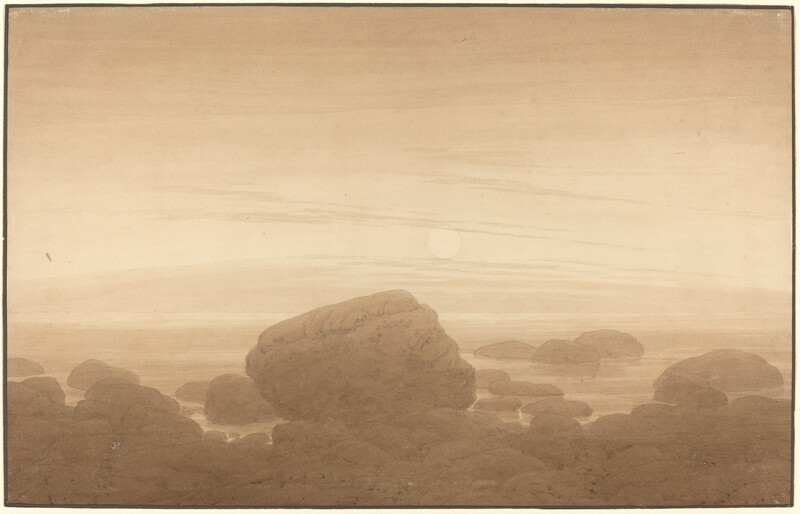 Drawn and painted with ink and graphite, boulders and rocks painted in hazy, soft tones of fawn and sable brown fill the bottom third of this horizontal landscape drawing. Placid water leads back to a horizon that blends with the bone-brown sky above. A pale, cream-white full moon hangs low in the sky near the center of the composition.