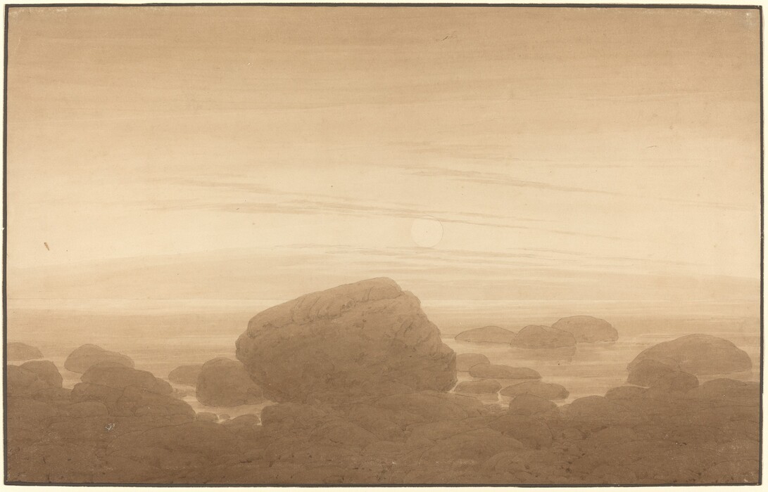 Drawn and painted with ink and graphite, boulders and rocks painted in hazy, soft tones of fawn and sable brown fill the bottom third of this horizontal landscape drawing. Placid water leads back to a horizon that blends with the bone-brown sky above. A pale, cream-white full moon hangs low in the sky near the center of the composition.