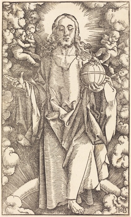 The image shows a person standing in the center. The individual is facing forward with their left hand raised, palm open, and their right hand holding a globe with a cross on top. They have long wavy hair and closed eyes. They are wearing flowing robes that cover their body and feet. The background is filled with clouds, and there are small winged figures among the clouds.