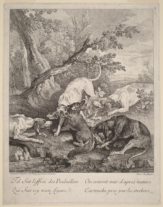 The image is an etching of dogs in a detailed landscape. The pack of dogs is engaged in various activities, with two dogs focused on something on the ground. The perspective is slightly elevated, showing the animals and the surrounding environment. The horizon is depicted higher up, where it meets a group of trees. The trees are intricately detailed, with branches and leaves etched realistically. The artwork uses monochromatic tones, mainly grays, to create depth and texture. Cross-hatching and stippling techniques are used to enhance the fur, foliage, and ground textures. The sky shows lightly etched clouds, directing attention to the dogs and the immediate landscape.
