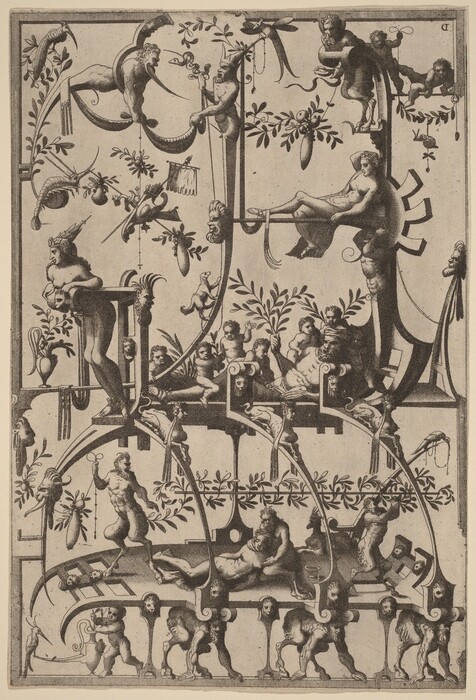 This is a drawing of an ornamental design. The image features a complex arrangement of mythical creatures, acanthus leaves, and scrollwork, intertwined with human forms in various poses. These elements are symmetrically placed within a rectangular frame, showing a variety of dynamic poses. Figures entwined with leaves, humanoid figures, fantastical creatures, some holding scrolls or ribbons are depicted. There are decorative vases, geometric shapes, and masks interspersed among the figures. The style is reminiscent of Mannerist decorative motifs, showcasing a high level of detail and an imaginative exploration of forms.