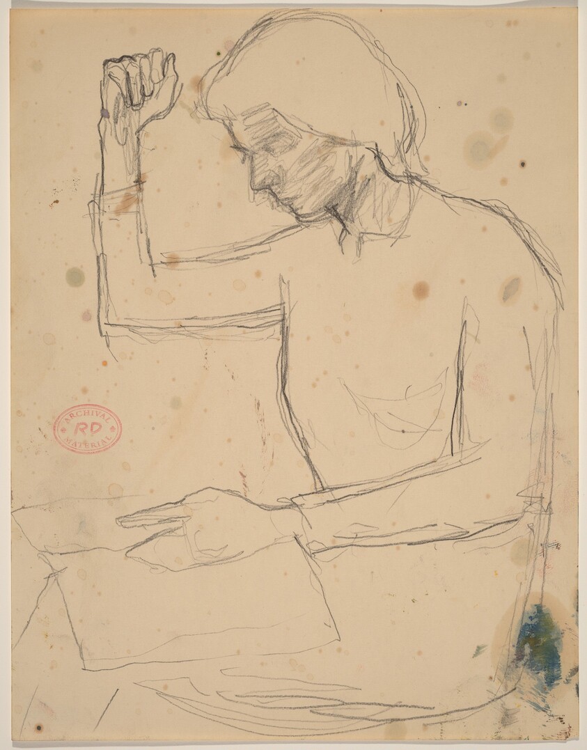 Untitled [seated woman raising her right arm while looking at a book]